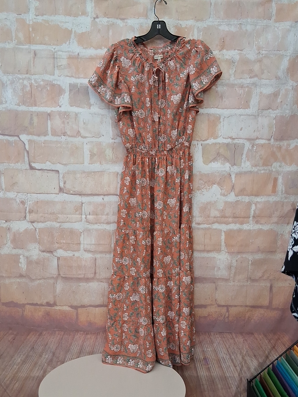 Max Studio Rust Floral Maxi Dress with Ruffle Sleeves